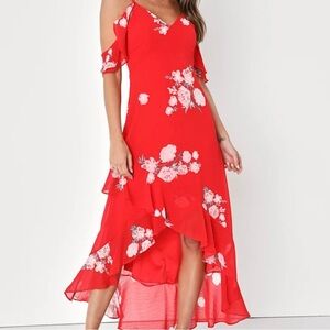 NWT, Lulus Love in Bloom Red Floral Print Off-the-Shoulder High-Low Dress, S